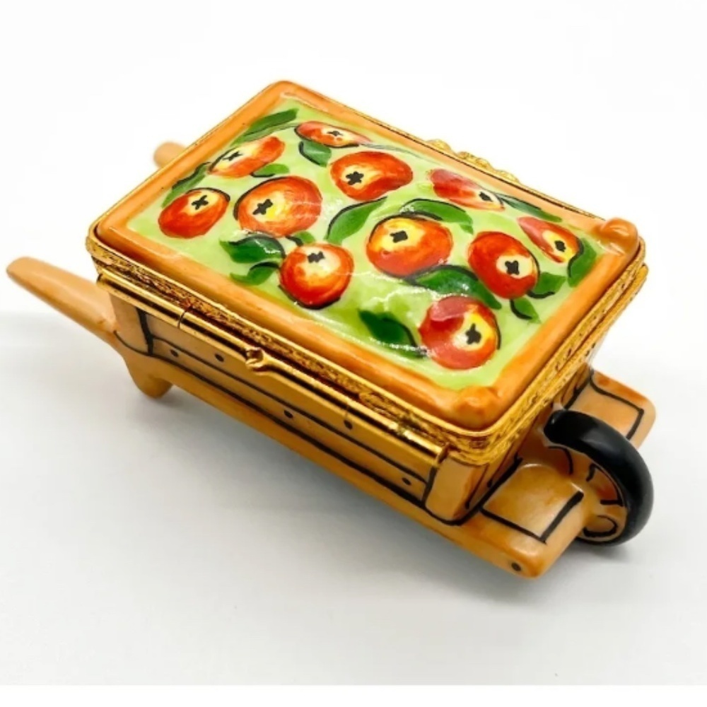 Limoges France Hand Painted Apple Cart Wheelbarrow Trinket Box, Vintage Artoria